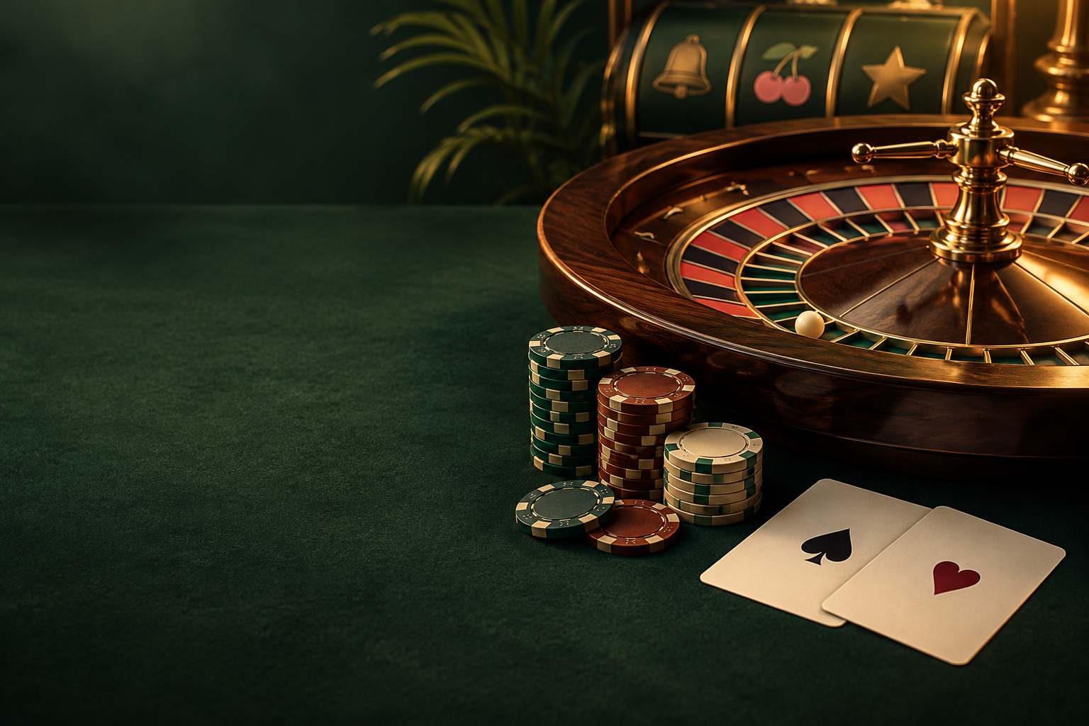 Ilustrasi roda roulette, kartu, dan cip bernuansa tembaga
